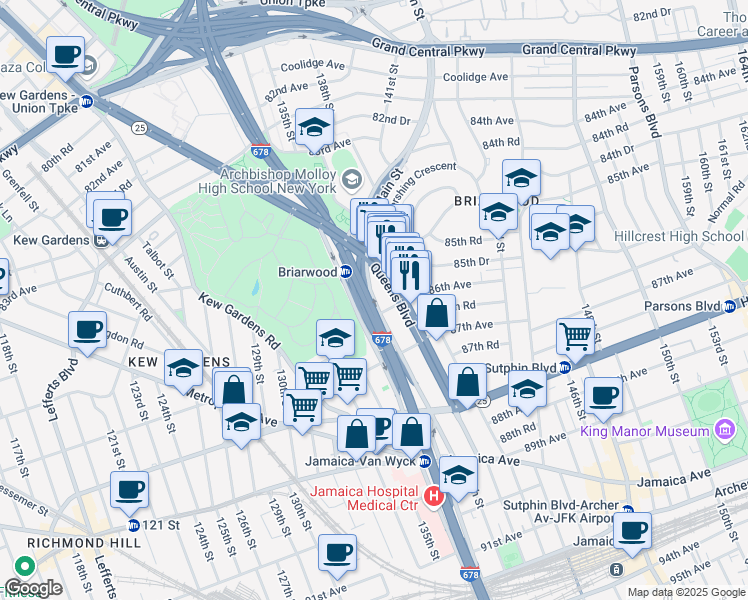 map of restaurants, bars, coffee shops, grocery stores, and more near 86-24 Van Wyck Expressway in Queens