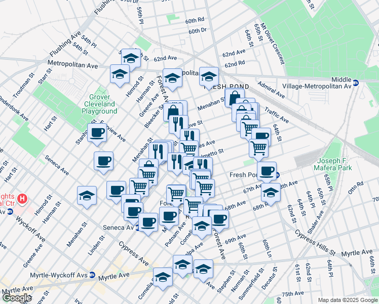 map of restaurants, bars, coffee shops, grocery stores, and more near in Queens