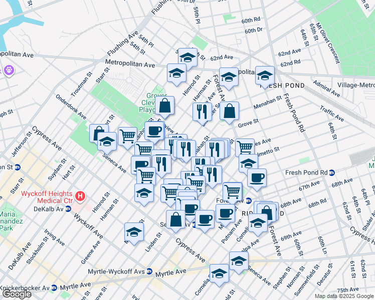 map of restaurants, bars, coffee shops, grocery stores, and more near 2 Saint Johns Road in Queens