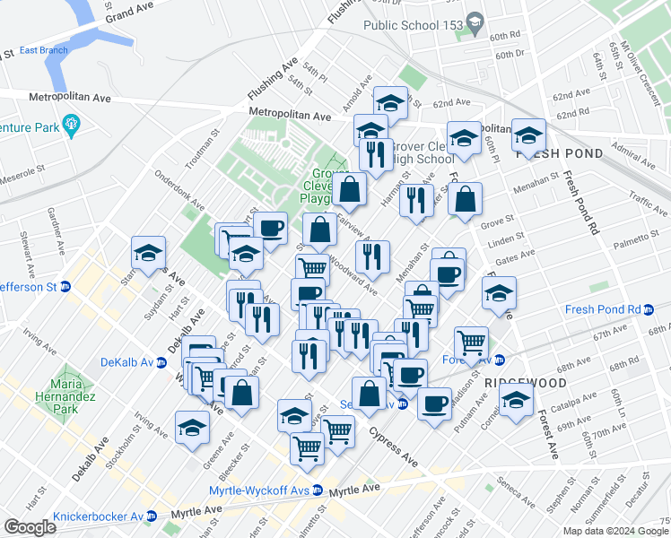 map of restaurants, bars, coffee shops, grocery stores, and more near 18-67 Greene Avenue in Queens