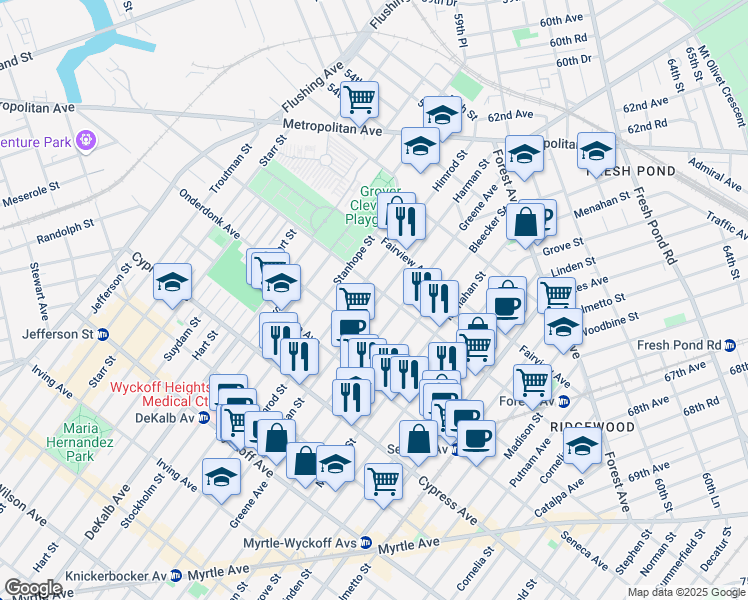 map of restaurants, bars, coffee shops, grocery stores, and more near 18-67 Greene Avenue in Queens