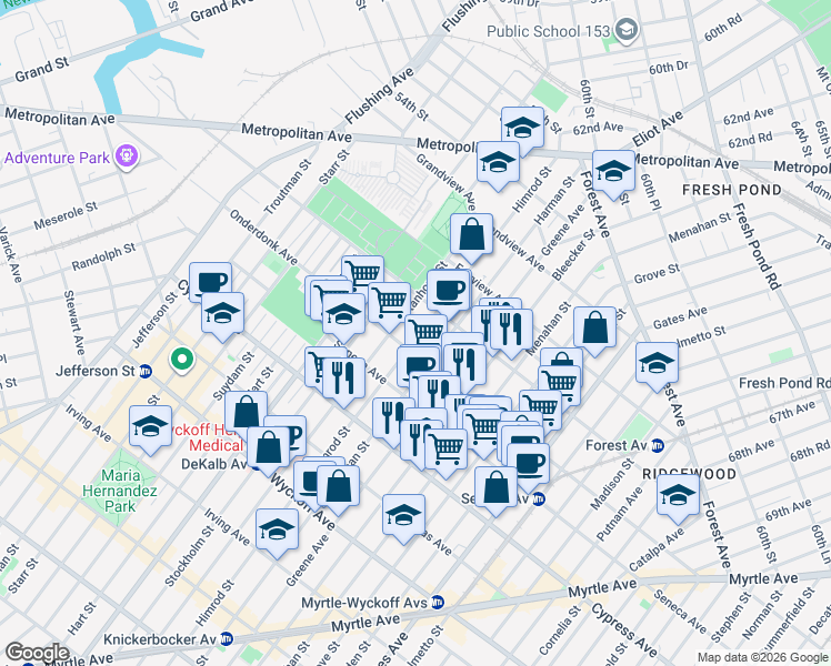map of restaurants, bars, coffee shops, grocery stores, and more near 456 Onderdonk Avenue in Queens