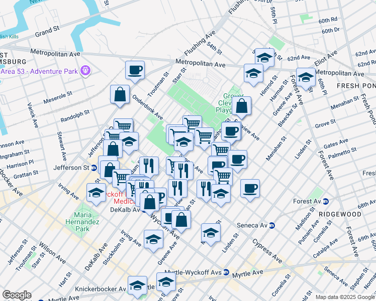 map of restaurants, bars, coffee shops, grocery stores, and more near in Queens