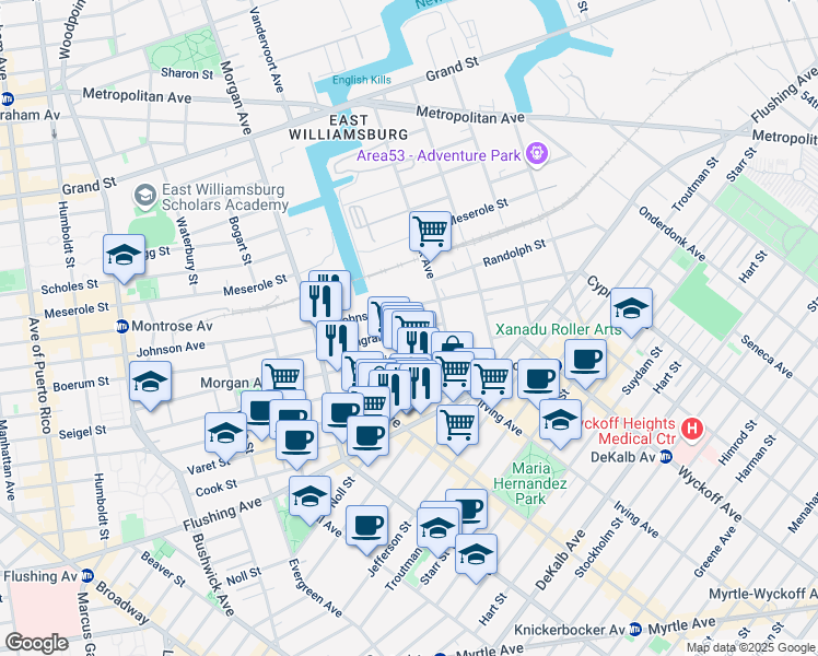 map of restaurants, bars, coffee shops, grocery stores, and more near 97 Harrison Place in Brooklyn
