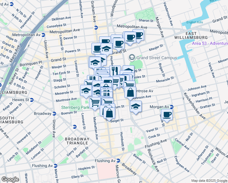 map of restaurants, bars, coffee shops, grocery stores, and more near 181 Montrose Avenue in Brooklyn