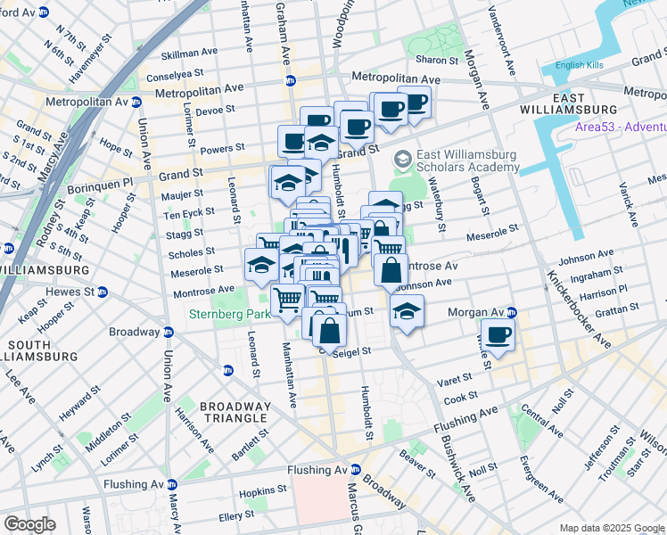 map of restaurants, bars, coffee shops, grocery stores, and more near 181 Montrose Avenue in Brooklyn