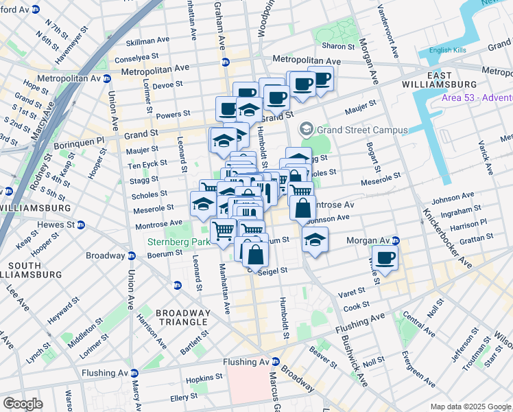 map of restaurants, bars, coffee shops, grocery stores, and more near 181 Montrose Avenue in Brooklyn