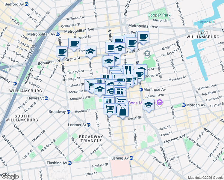 map of restaurants, bars, coffee shops, grocery stores, and more near 138 Montrose Avenue in Brooklyn