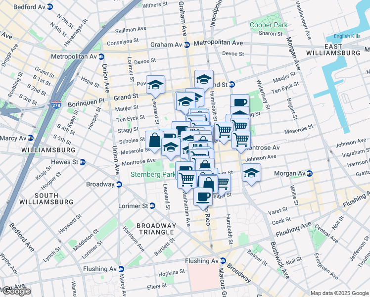 map of restaurants, bars, coffee shops, grocery stores, and more near 138 Montrose Avenue in Brooklyn