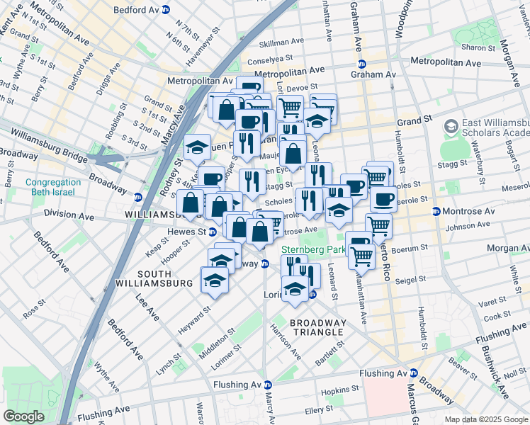 map of restaurants, bars, coffee shops, grocery stores, and more near 210 Union Avenue in Brooklyn