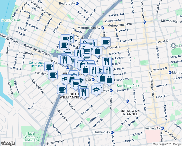 map of restaurants, bars, coffee shops, grocery stores, and more near 361 Broadway in Brooklyn