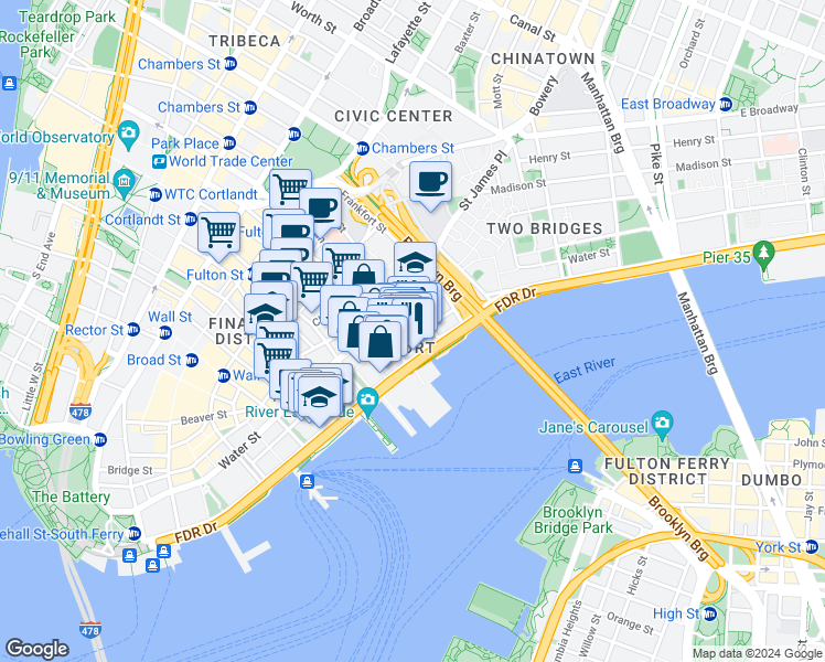 map of restaurants, bars, coffee shops, grocery stores, and more near in New York