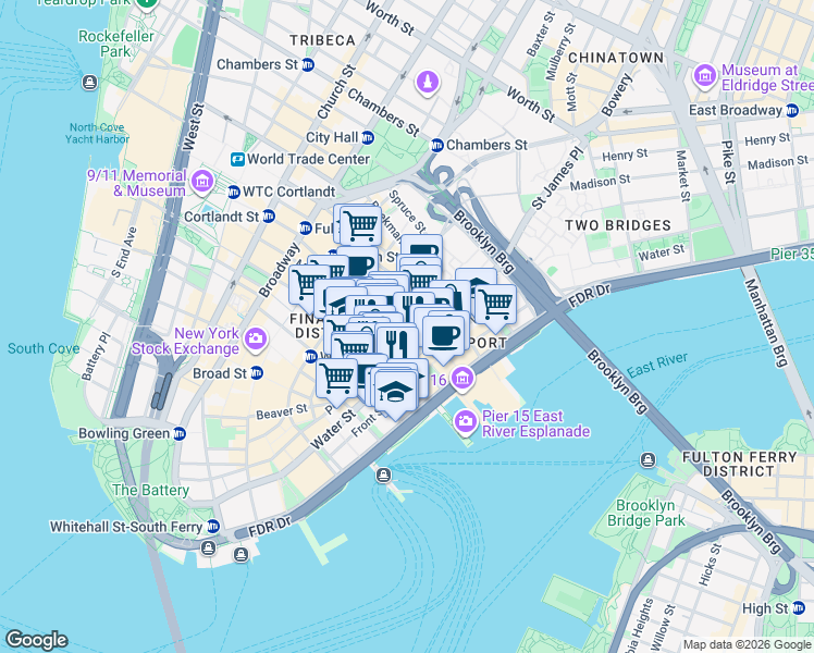 map of restaurants, bars, coffee shops, grocery stores, and more near 138 John Street in New York