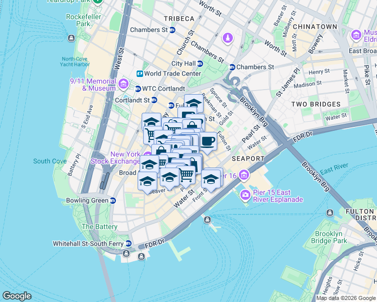 map of restaurants, bars, coffee shops, grocery stores, and more near 62 William Street in New York