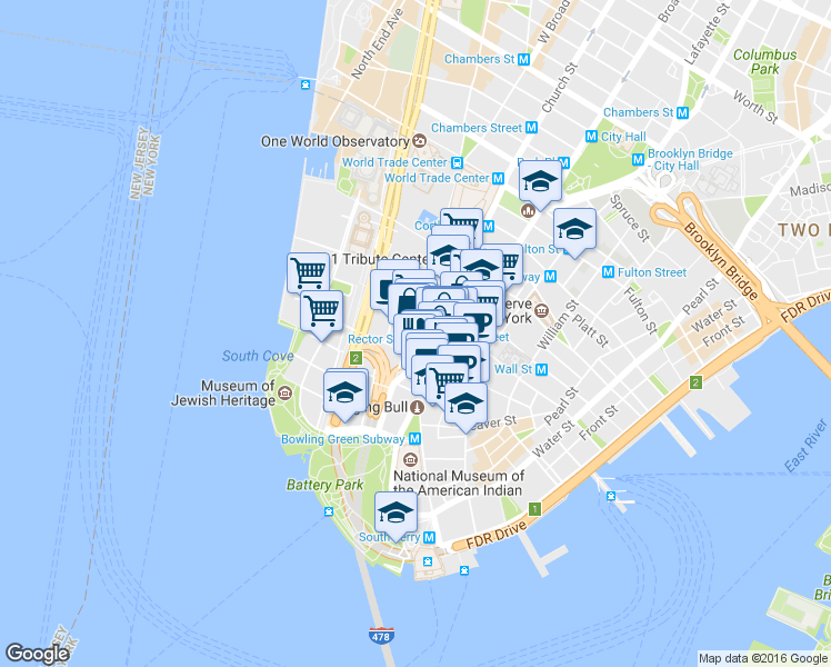 map of restaurants, bars, coffee shops, grocery stores, and more near 61 Canyon of Heroes in New York