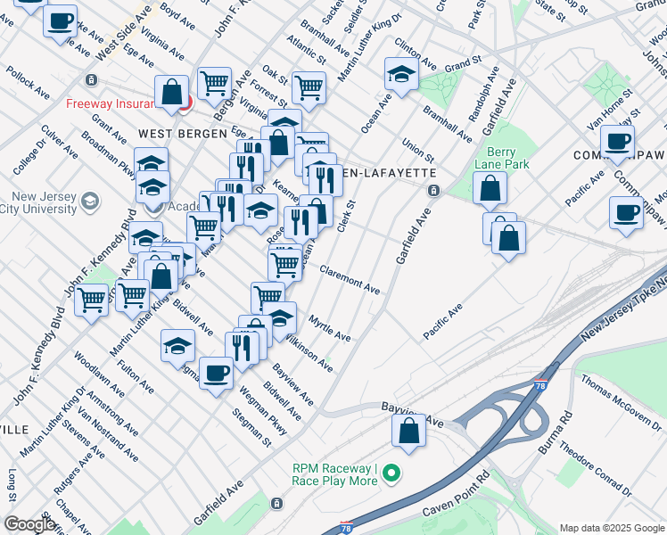 map of restaurants, bars, coffee shops, grocery stores, and more near 143 Arlington Avenue in Jersey City