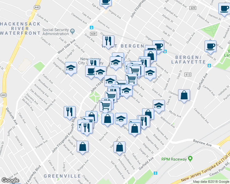 map of restaurants, bars, coffee shops, grocery stores, and more near 215 Bidwell Avenue in Jersey City