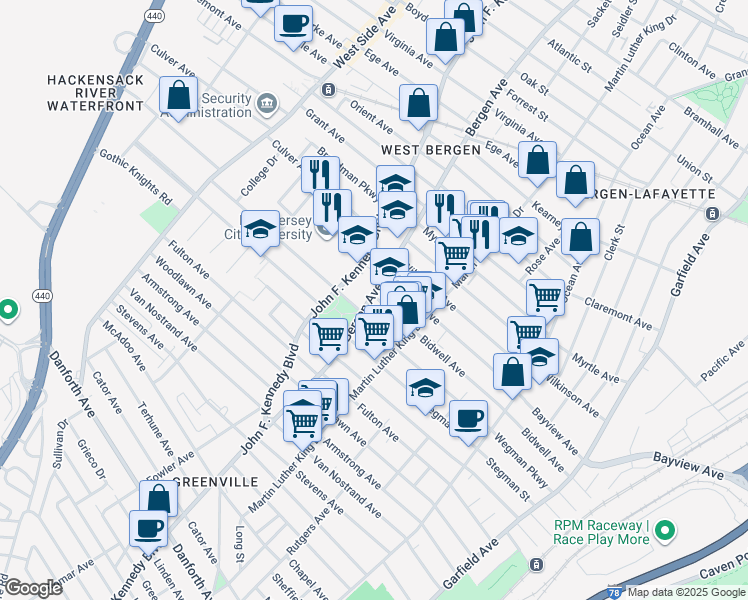 map of restaurants, bars, coffee shops, grocery stores, and more near 215 Bidwell Avenue in Jersey City