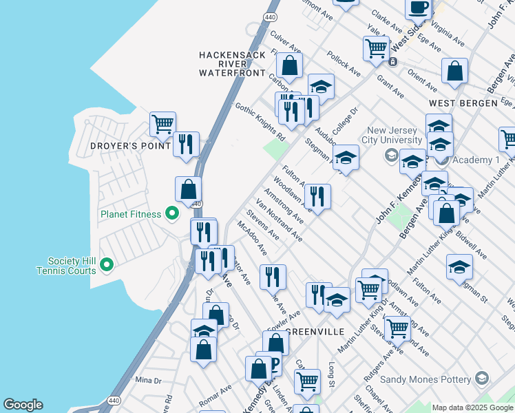 map of restaurants, bars, coffee shops, grocery stores, and more near 304A Stevens Avenue in Jersey City