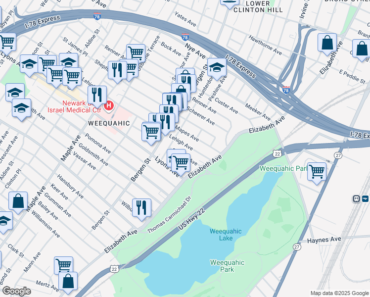 map of restaurants, bars, coffee shops, grocery stores, and more near 42-44 Stengel Avenue in Newark