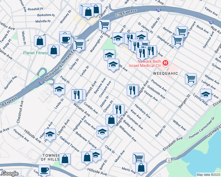 map of restaurants, bars, coffee shops, grocery stores, and more near 219-221 Keer Avenue in Newark