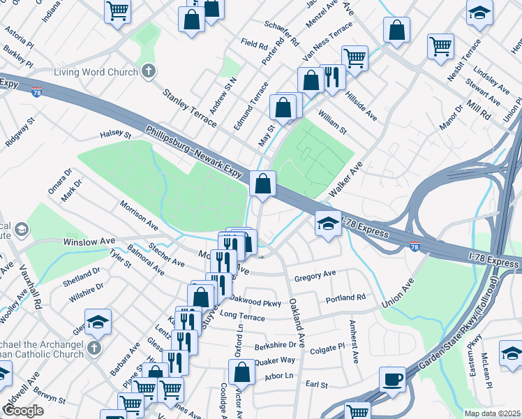 map of restaurants, bars, coffee shops, grocery stores, and more near 1500 Stuyvesant Avenue in Union