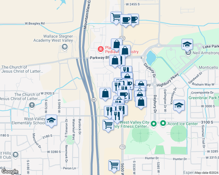 map of restaurants, bars, coffee shops, grocery stores, and more near 2897 Arfons Bay in West Valley City