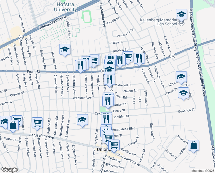 map of restaurants, bars, coffee shops, grocery stores, and more near 358 Uniondale Avenue in Uniondale
