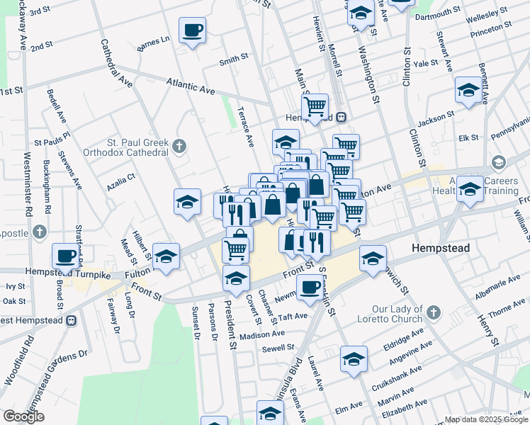 map of restaurants, bars, coffee shops, grocery stores, and more near 166 Fulton Avenue in Hempstead