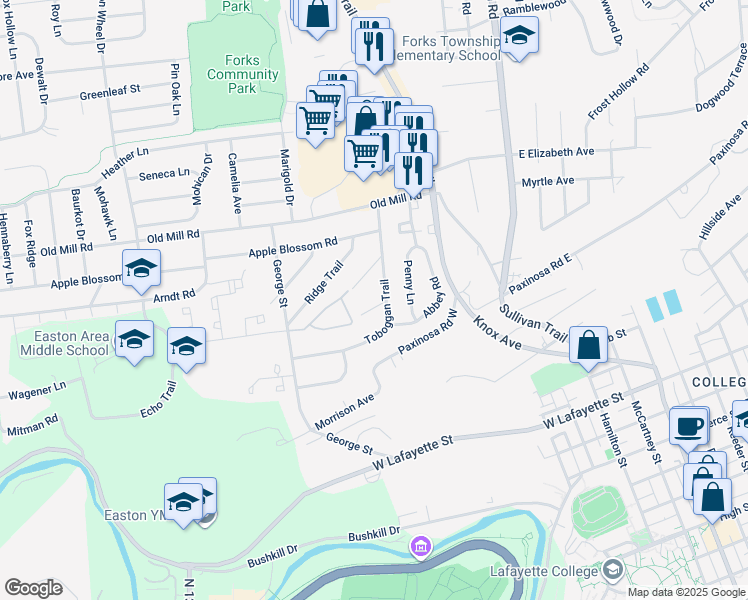 map of restaurants, bars, coffee shops, grocery stores, and more near 403 Orchard Road in Easton