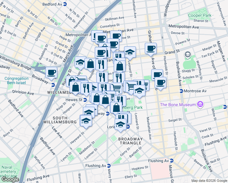 map of restaurants, bars, coffee shops, grocery stores, and more near 27 Meserole Street in Brooklyn