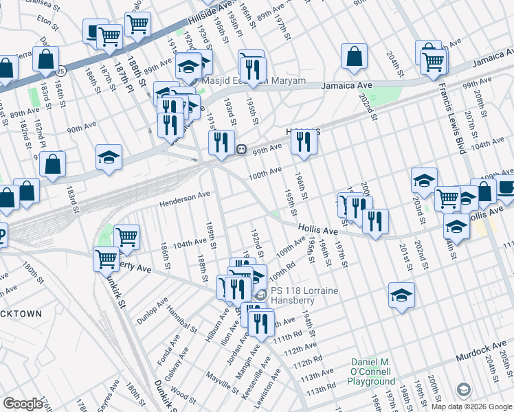 map of restaurants, bars, coffee shops, grocery stores, and more near 192-6 104th Avenue in Queens