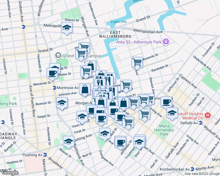 map of restaurants, bars, coffee shops, grocery stores, and more near 92 Morgan Avenue in Brooklyn