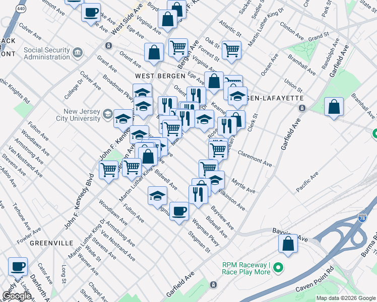 map of restaurants, bars, coffee shops, grocery stores, and more near 53 Bostwick Avenue in Jersey City