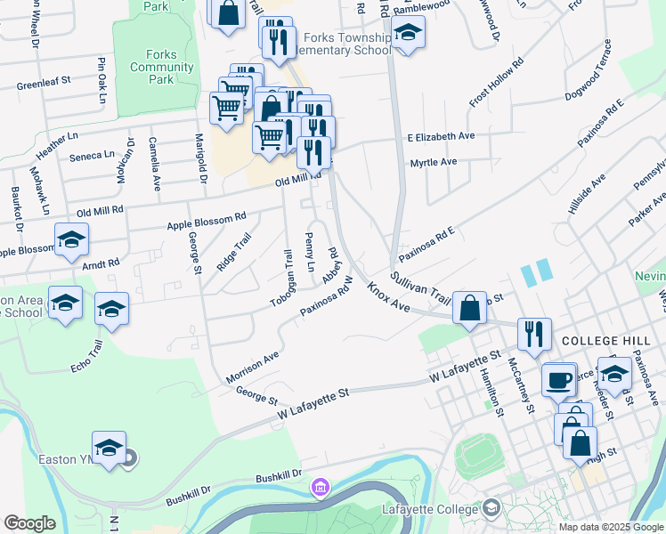 map of restaurants, bars, coffee shops, grocery stores, and more near 18 Abbey Road in Easton