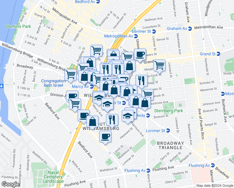 map of restaurants, bars, coffee shops, grocery stores, and more near 374 South 5th Street in Brooklyn