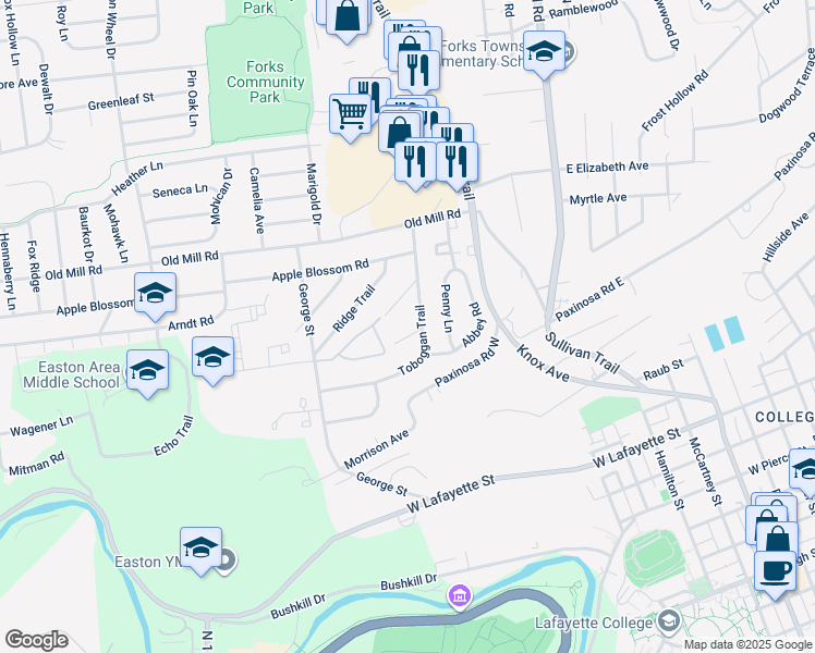 map of restaurants, bars, coffee shops, grocery stores, and more near 403 Orchard Road in Easton