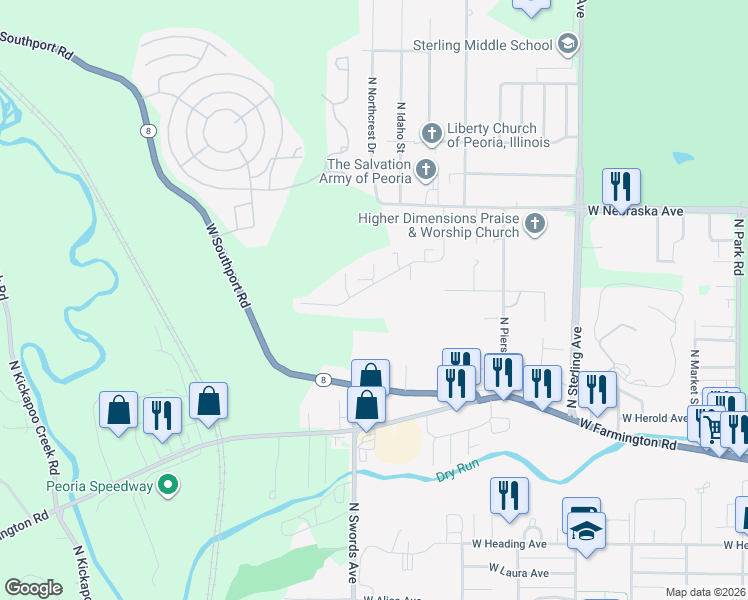 map of restaurants, bars, coffee shops, grocery stores, and more near 1606 North Great Oak Road in Peoria