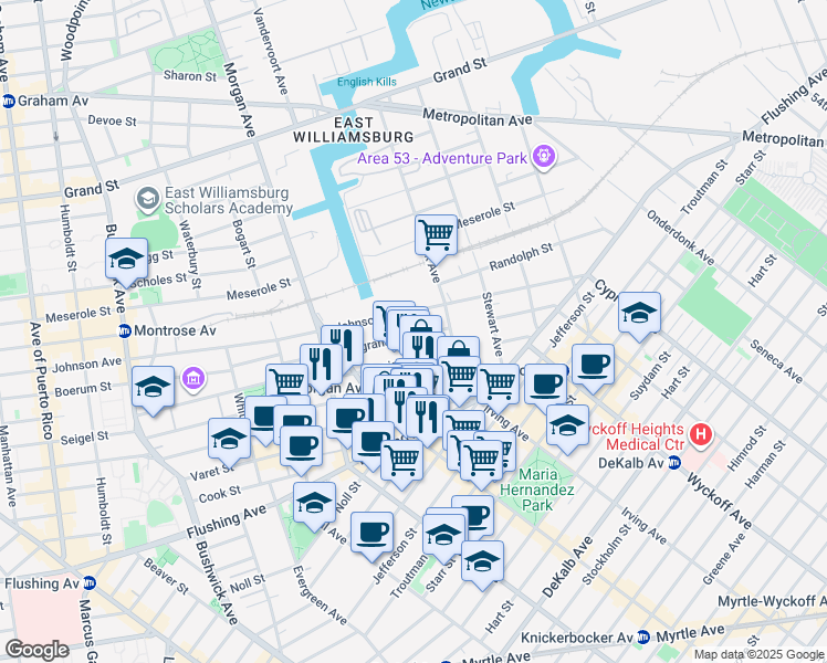 map of restaurants, bars, coffee shops, grocery stores, and more near 89 Porter Avenue in Brooklyn