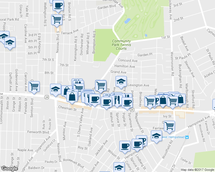 map of restaurants, bars, coffee shops, grocery stores, and more near 89 Osborne Road in West Hempstead