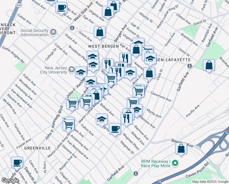 map of restaurants, bars, coffee shops, grocery stores, and more near 83 Bostwick Avenue in Jersey City