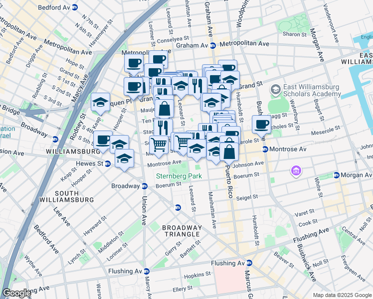 map of restaurants, bars, coffee shops, grocery stores, and more near Leonard St & Meserole St in Brooklyn