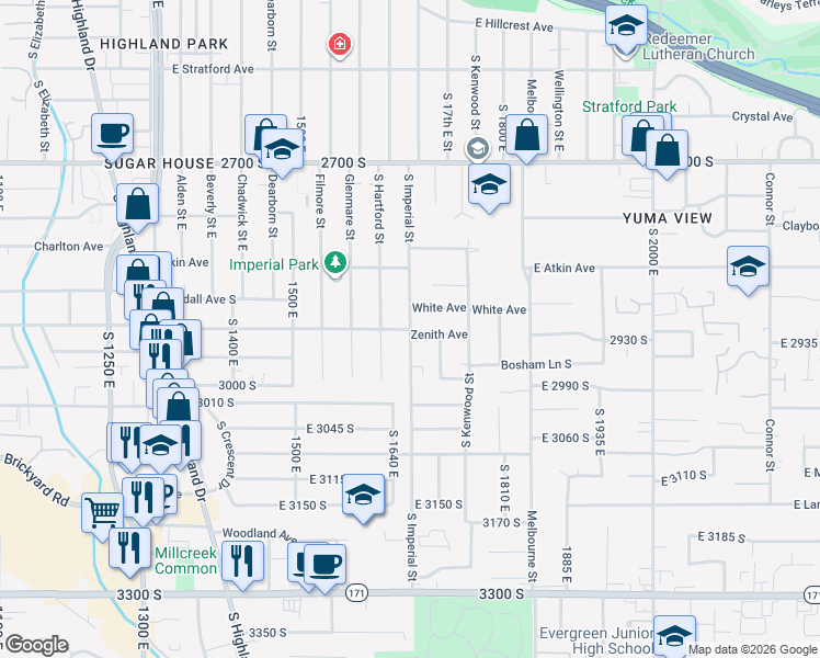 map of restaurants, bars, coffee shops, grocery stores, and more near 1706 East Zenith Avenue in Salt Lake City