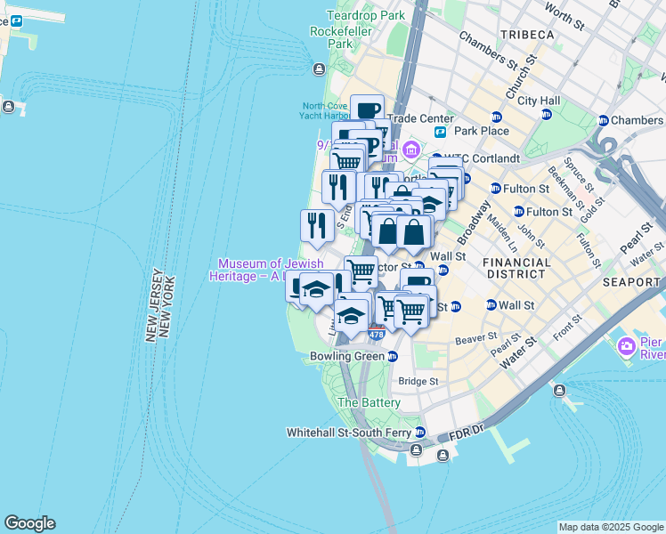 map of restaurants, bars, coffee shops, grocery stores, and more near 94 Battery Place in New York