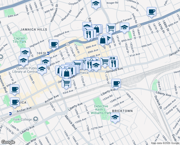 map of restaurants, bars, coffee shops, grocery stores, and more near in Queens