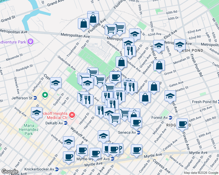 map of restaurants, bars, coffee shops, grocery stores, and more near 1894 Stanhope Street in Queens