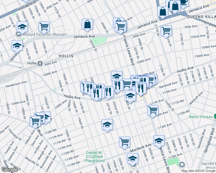 map of restaurants, bars, coffee shops, grocery stores, and more near 104-25 202nd Street in Queens