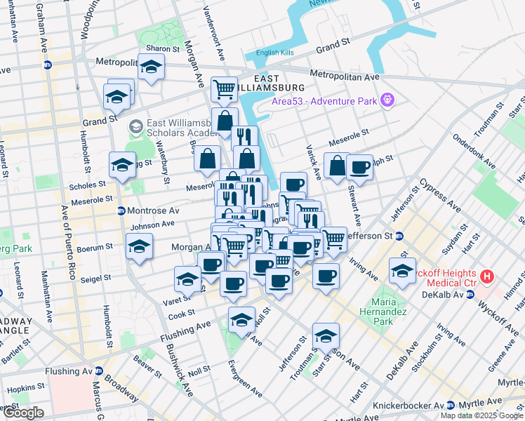 map of restaurants, bars, coffee shops, grocery stores, and more near 465 Johnson Avenue in Brooklyn