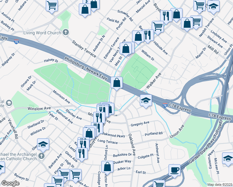map of restaurants, bars, coffee shops, grocery stores, and more near 1531 Stuyvesant Avenue in Union
