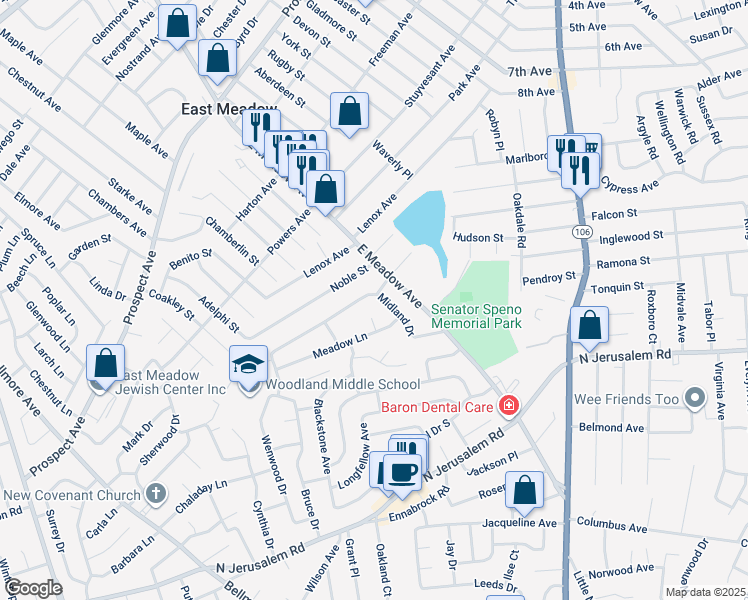 map of restaurants, bars, coffee shops, grocery stores, and more near 1750 Midland Drive in East Meadow